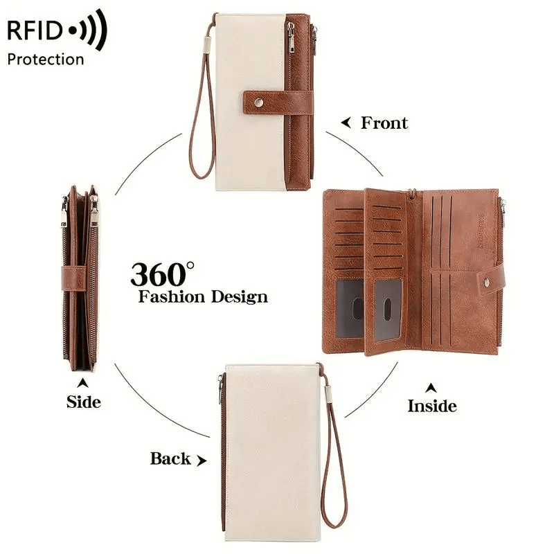 👛Women's long wallet, stylish clutch, elegant solid color RFID blocking leather wallet