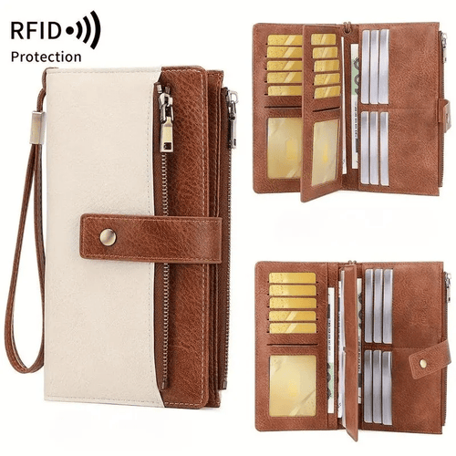 👛Women's long wallet, stylish clutch, elegant solid color RFID blocking leather wallet